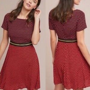 Anthropologie Maeve Red Black Gold Fit Flare Dress